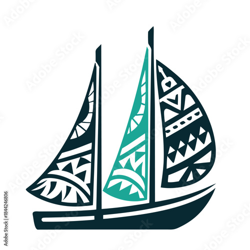 Polynesian Sailboat Vector with Tribal Patterns