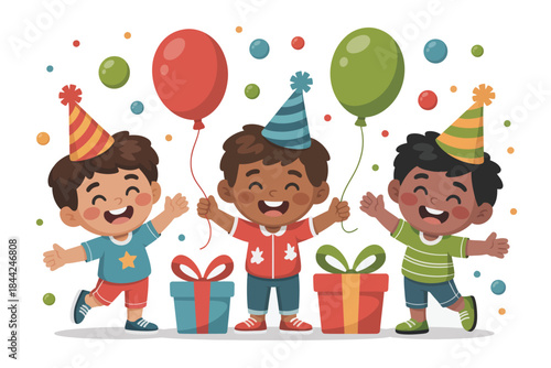 Joyful children celebrating with balloons and gifts at a colorful birthday party