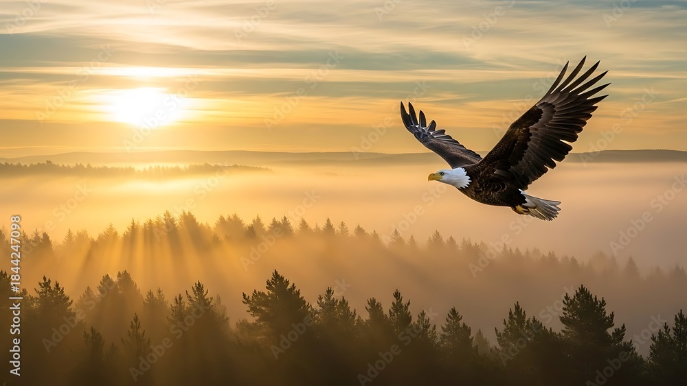 Obraz premium Bald eagle in flight at sunrise over a misty forest landscape