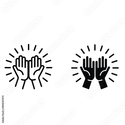 Two Hands Open in Prayer or Supplication Icon with Radiant Light Rays