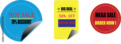 Collection of vibrant promotional stickers for hot sales, big deals, and mega discounts