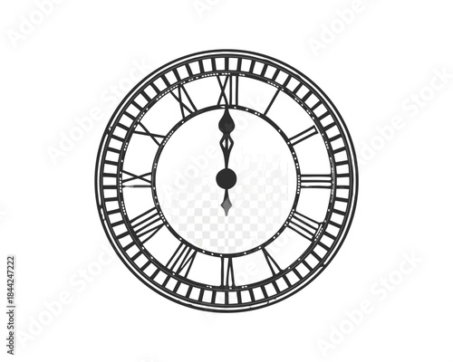 A grayscale image of a classic clock face with a cityscape silhouette