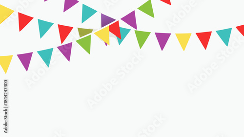 Colorful party bunting flags hanging against a clean white background