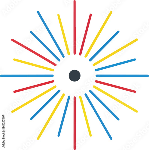 Radial burst of colorful lines emanating from a central dark circle