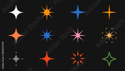 Colorful starburst collection with varying shapes and light effects on black background