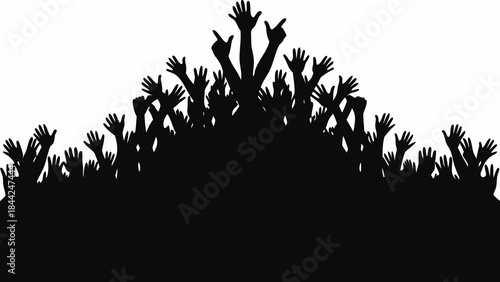 A multitude of raised hands silhouetted against a bright background