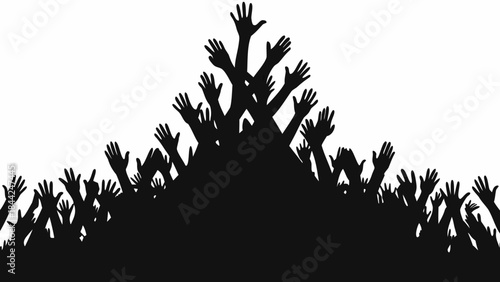 A crowd of raised hands silhouetted against a stark white background
