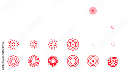 Pixelated red and black abstract shapes scattered on a dark background