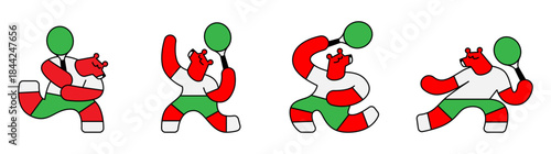 A cartoon red bear is playing tennis. Animal character illustration graphic design.