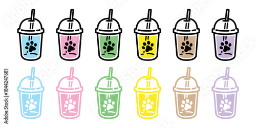 coffee cup icon footprint dog paw juice boba milk tea cartoon doodle vector pet cafe character drink water food symbol illustration clip art isolated design