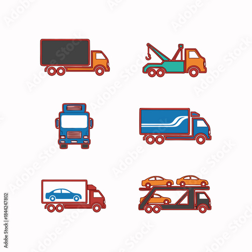 Delivery and Transportation Icon Set Featuring Trucks, Vans and Logistics Vehicles, Colorful Flat Icons for Shipping, Courier and Transport Services