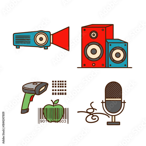 A collection of four technology icons including a projector, speakers, barcode scanner with an apple, and a microphone.