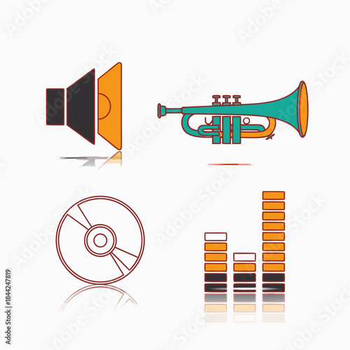 Four colorful line art icons representing music and audio elements: a speaker, a trumpet, a compact disc, and an audio equalizer with reflections.