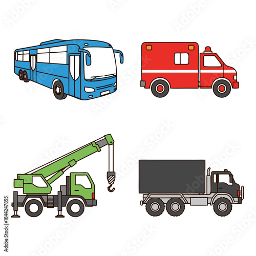 A collection of various transportation vehicles including a blue bus, a red ambulance, a green crane truck, and a black cargo truck.