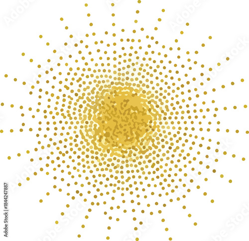 Radiating gold confetti pattern against a white background resembling a stylized sunburst