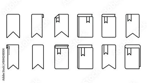 Collection of twelve black outline bookmark and ribbon tag icons for books