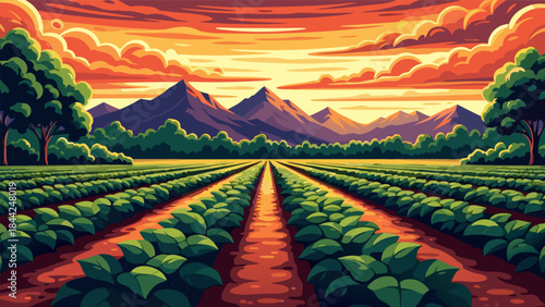 Vast agricultural fields stretch towards majestic mountains under a vibrant sunset sky.