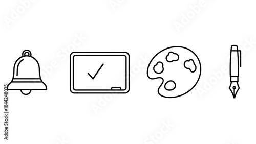 Set of four black line icons representing education, art, and notification symbols