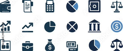 Financial icons wallet receipt calculator pie chart safe scales