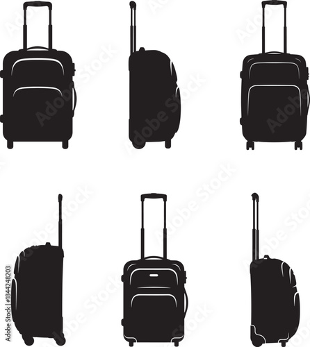 Six different angles of black suitcases with wheels and handles