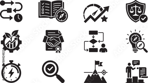 Business Strategy & Management Icons Set, Planning, Growth, Workflow, and Compliance