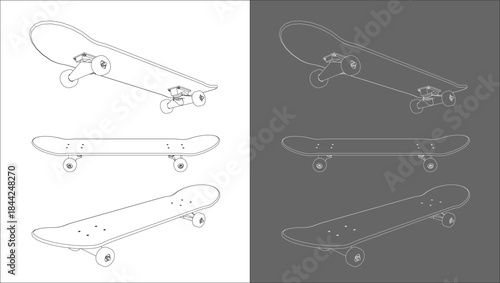 Isometric Perspective View of  Skateboard Wireframe Technical Drawing