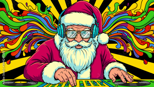 Santa Claus DJing with Headphones and Colorful Psychedelic Background.