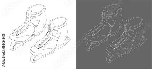 Isometric Front View Inline Roller Skate Boots Technical Line Drawing