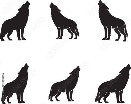 Six black silhouettes of wolves howling at the moon in different poses