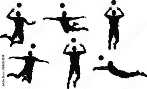 Volleyball Player Silhouettes Vector Set: Dynamic Collection of Male Athletes in Action Poses—Spiking, Setting, Digging, and Serving—Ideal for Sports, Competition, and Athletic Design Projects.