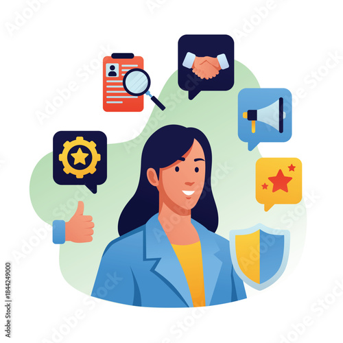 HR Management flat vector illustration Professional Woman Showcasing Key Business Skills and Qualities