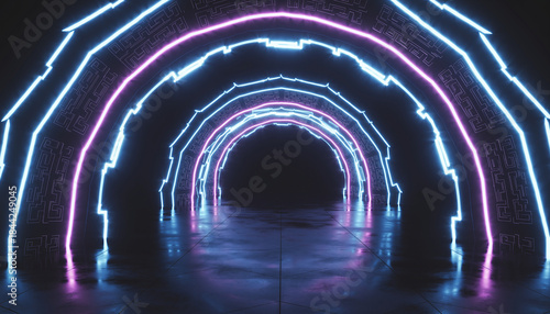 Fototapeta Naklejka Na Ścianę i Meble -  A futuristic dark tunnel illuminated by glowing blue and pink neon light arches creating a mesmerizing abstract pathway.