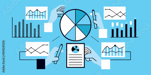Data analysis and visualization hands interacting with charts and graphs
