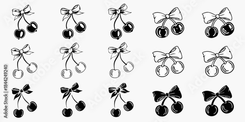 A collection of hand drawn cherries with bows arranged in a grid pattern