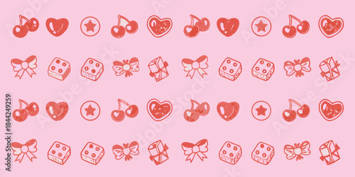 A repeating pattern of red musical notes hearts stars and dice on pink