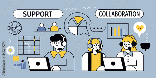 Teamwork and support illustration of people collaborating with technology