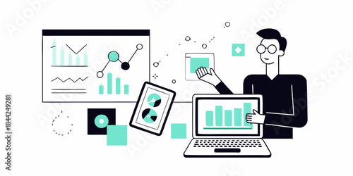 Data analyst working with charts graphs and multiple digital devices