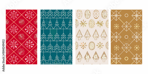 Four patterned rectangular fabric swatches in red teal beige and gold