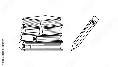 Black and white line art of a stack of books with a pencil