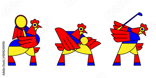 A cartoon image of a red chicken playing tennis, table tennis, and golf. Animal character illustration graphic design.