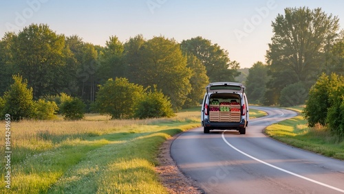 Wallpaper Mural Van loaded with fresh produce drives along a winding road surrounded by lush greenery, showcasing a peaceful rural landscape and the joy of farm-to-table living Torontodigital.ca