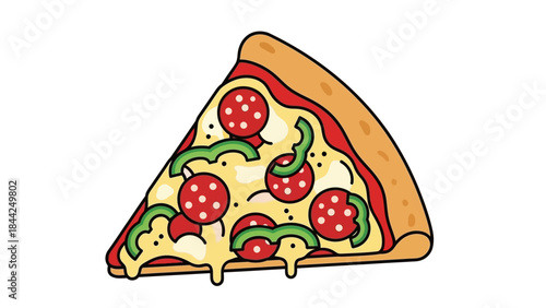 Vibrant cartoon pizza slice with gooey cheese and colorful toppings ready to be enjoyed