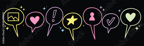 Colorful cute line doodle kid dialog bubbles. School childish text speech box. Social media reaction, like, follow symbols. Neon acid hand drawn elements colorful vector art and illustration