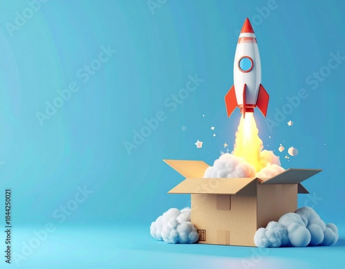 Rocket Launching From Open Cardboard Box, Startup Concept