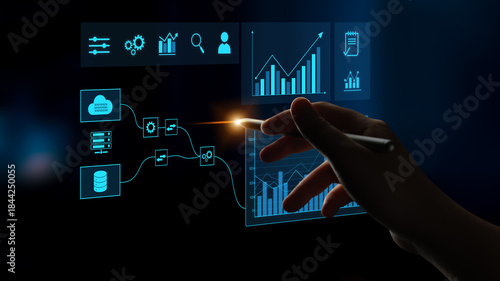 Data flow from database and cloud to processing and analytics dashboards, representing data analysis, automation, insight generation, and digital intelligence Latch