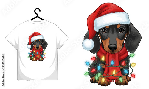 Christmas t shirt featuring dachshund dog wearing santa hat and christmas lights