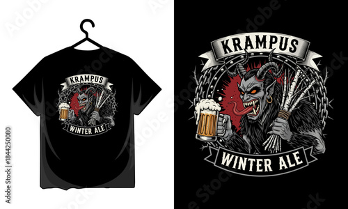 Krampus winter ale t shirt design with krampus character