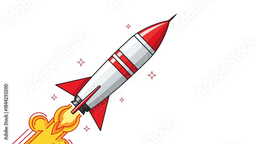 Vibrant cartoon rocket launching into space with fiery exhaust and twinkling stars