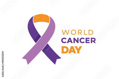 A depiction of a purple and orange ribbon alongside the text world cancer day showing support and awareness