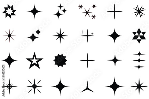 Twinkle star icon vectors collection. Sparkling star icon vectors, flickering twinkle, sunburst star shapes collection. Twinkle star icon or set of black silhouettes of stars. Glowing light effect,